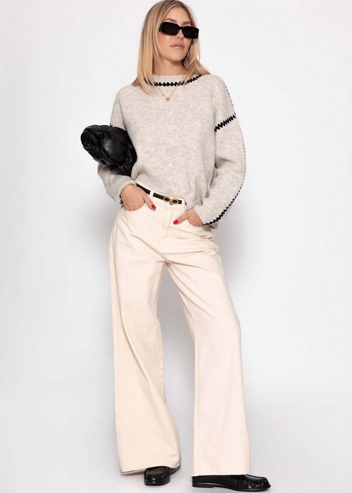 SASSYCLASSY Rundhalspullover Pullover mit Ziernähten für Damen Kuscheliger Strickpullover mit Rundhals und Wollanteil Grau Beige – Bild 5 von 5