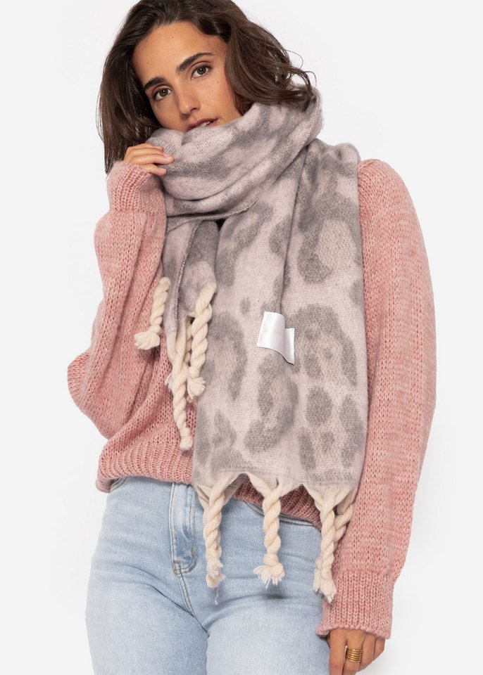 SASSYCLASSY Schal Schal Damen mit Leo-Print elegant, Warmer langer Schal im Leoprint Grau Offwhite Burgundy Braun Camel – Bild 3 von 4