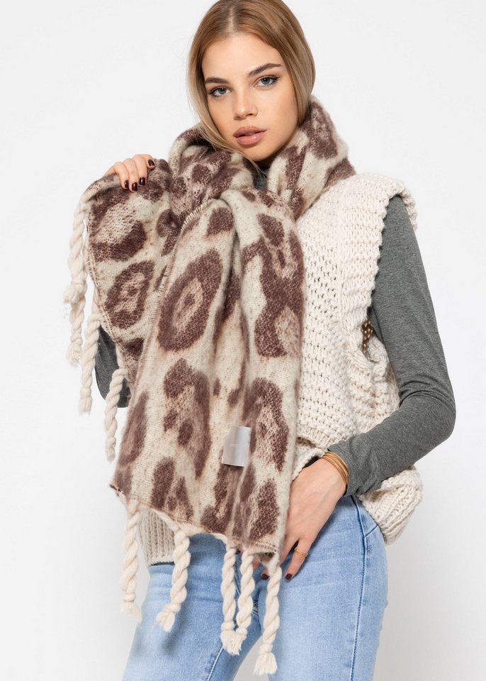 SASSYCLASSY Schal Schal Damen mit Leo-Print elegant, Warmer langer Schal im Leoprint Grau Offwhite Burgundy Braun Camel – Bild 3 von 4