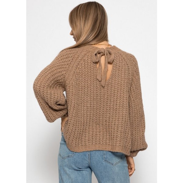 SASSYCLASSY Strickpullover Grobstrickpullover mit Schleifendetail für Damen Weicher Pullover aus Wollmischung mit Ballonärmel Braun