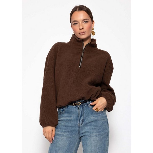 SASSYCLASSY Strickpullover Oversize Fleece Sweatshirt für Damen Lockerer Sweater mit Reißverschuluss und Stehkragen Rosa Braun