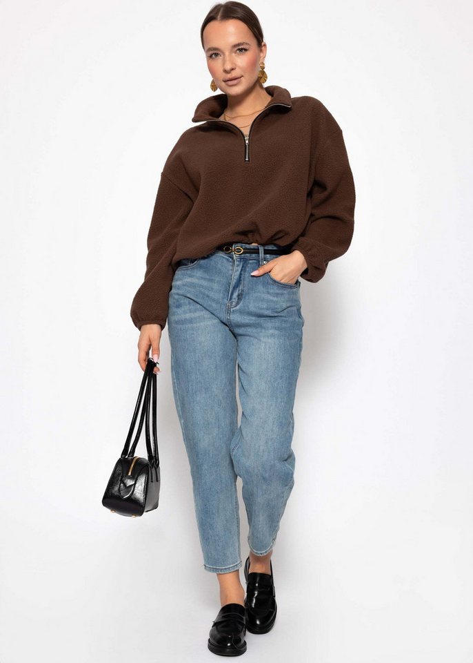 SASSYCLASSY Strickpullover Oversize Fleece Sweatshirt für Damen Lockerer Sweater mit Reißverschuluss und Stehkragen Rosa Braun – Bild 3 von 5