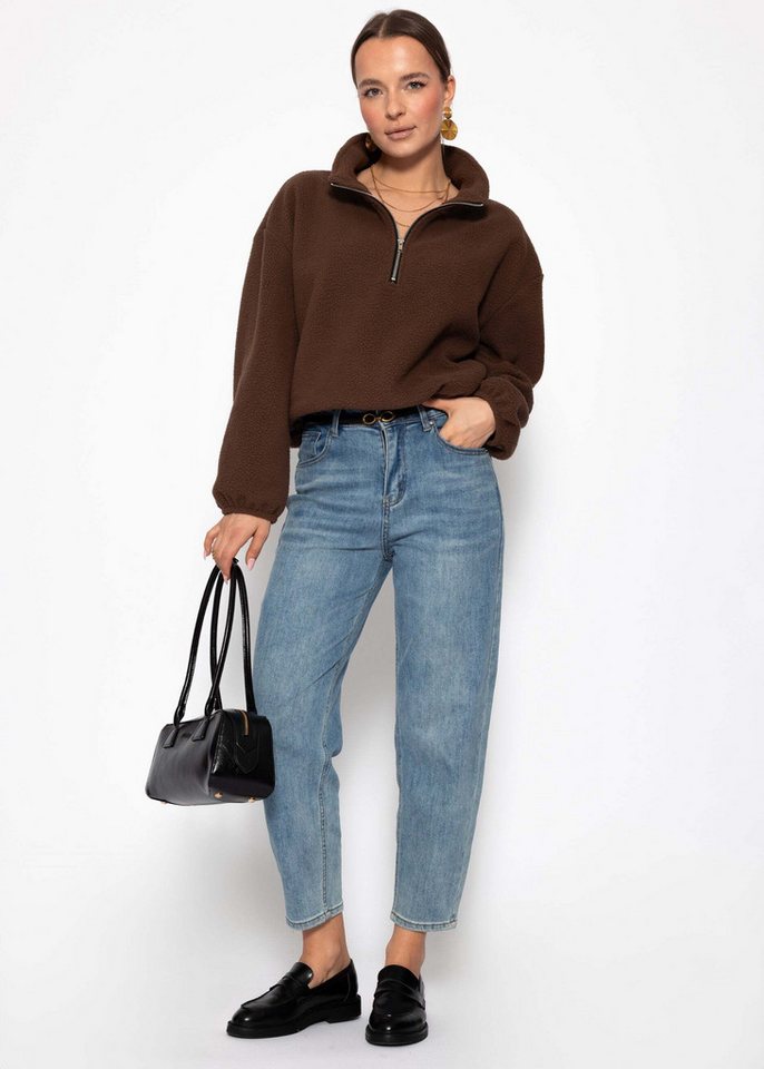 SASSYCLASSY Strickpullover Oversize Fleece Sweatshirt für Damen Lockerer Sweater mit Reißverschuluss und Stehkragen Rosa Braun – Bild 5 von 5
