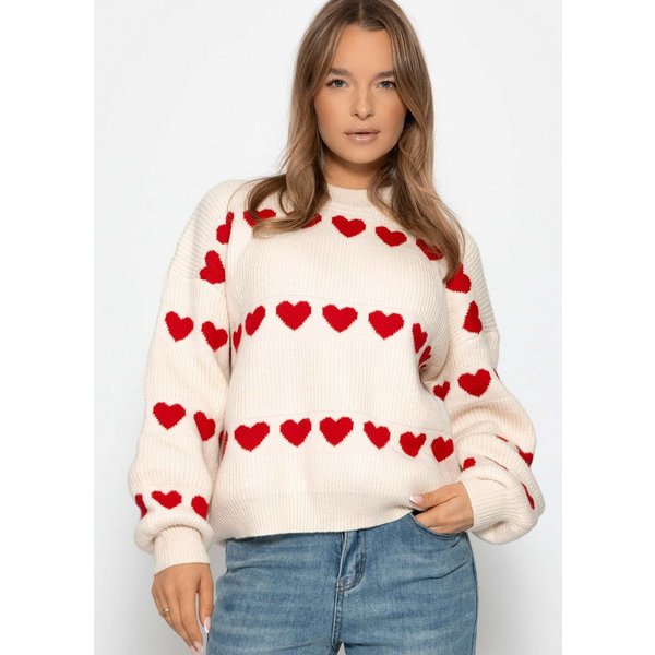 SASSYCLASSY Strickpullover Oversize Pullover mit roten Herzen für Damen Weicher Strickpullover mit Wollanteil und Rundhalsausschnitt Offwhite