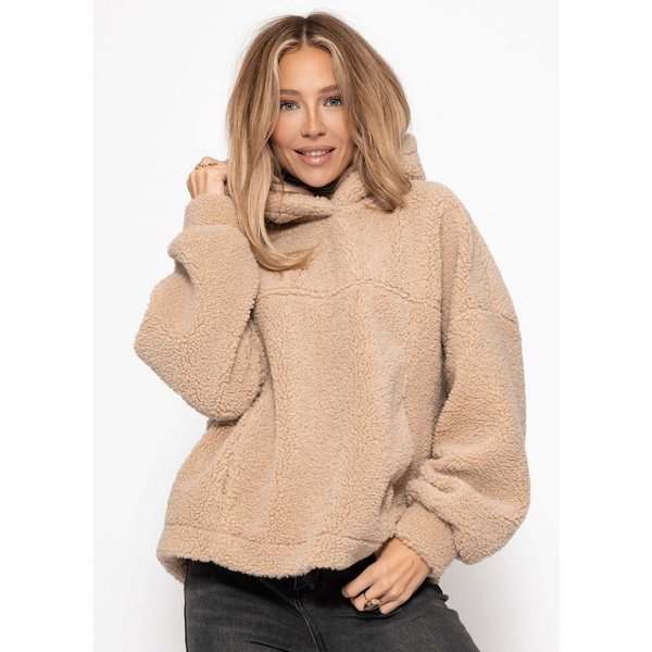 SASSYCLASSY Strickpullover Oversized Pullover Damen im Teddy-Look Oversized Teddy Sweatshirt Damen mit Kapuze Rosa Beige Leo