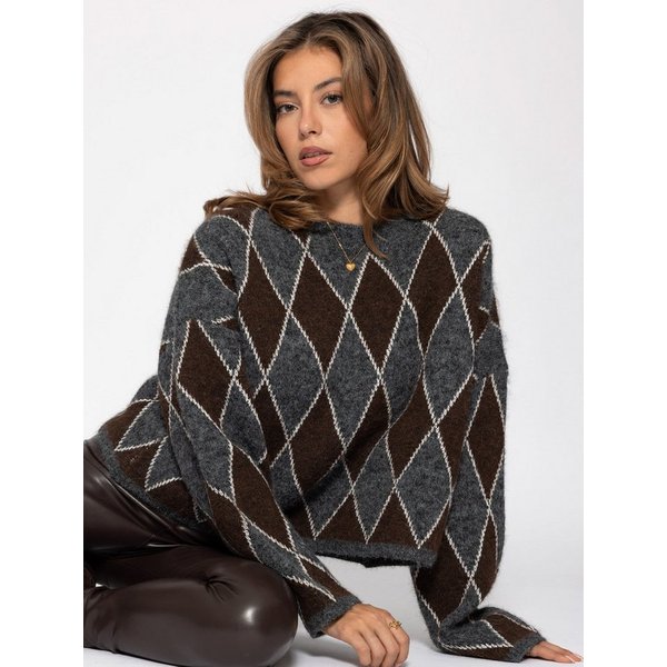 SASSYCLASSY Strickpullover Pullover mit Rautenmuster für Damen Lässiges Oberteil in Grau Braun