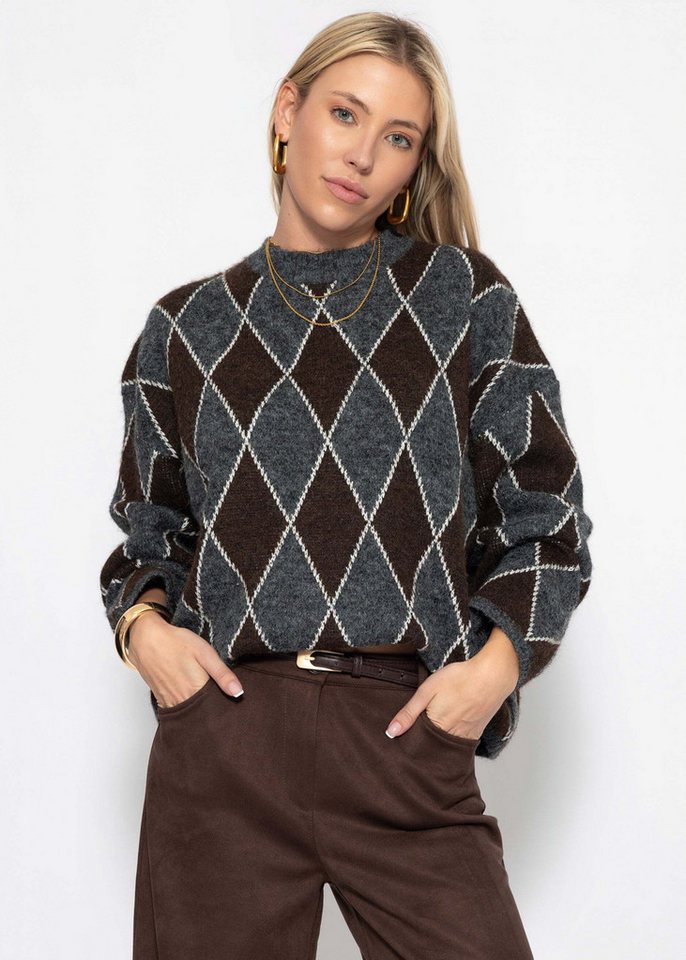 SASSYCLASSY Strickpullover Pullover mit Rautenmuster für Damen Lässiges Oberteil in Grau Braun – Bild 2 von 5