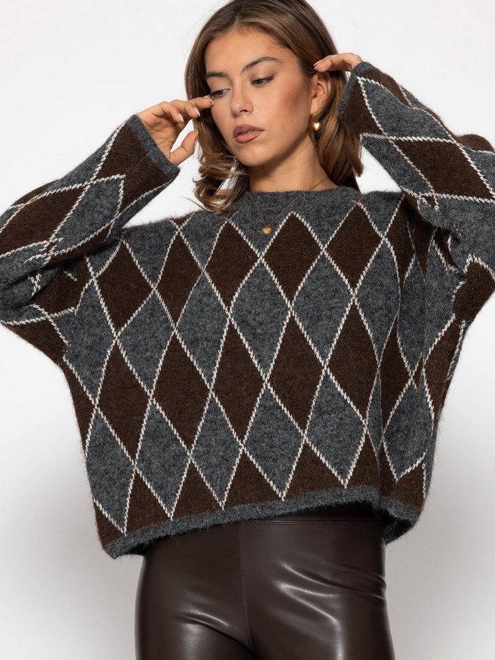SASSYCLASSY Strickpullover Pullover mit Rautenmuster für Damen Lässiges Oberteil in Grau Braun – Bild 5 von 5
