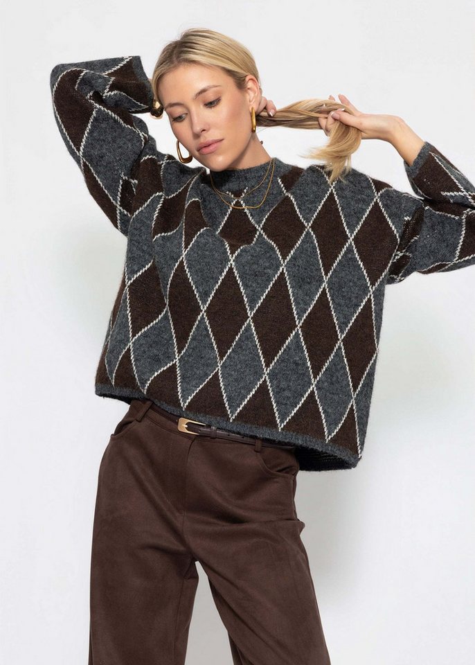 SASSYCLASSY Strickpullover Pullover mit Rautenmuster für Damen Lässiges Oberteil in Grau Braun – Bild 3 von 5