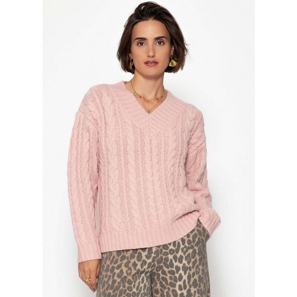 SASSYCLASSY Strickpullover Zopfstrickpullover mit V-Ausschnitt für Damen Weicher Pullover mit Rippstruktur am Bündchen Rosa Schwarz Offwhite
