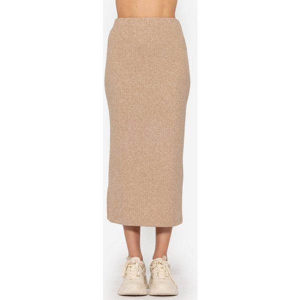 SASSYCLASSY Strickrock Gerippter Midirock Damen mit elastischem Bund Figurbetonter Strickrock mit High Waist Sitz Grau Beige Schwarz Khaki