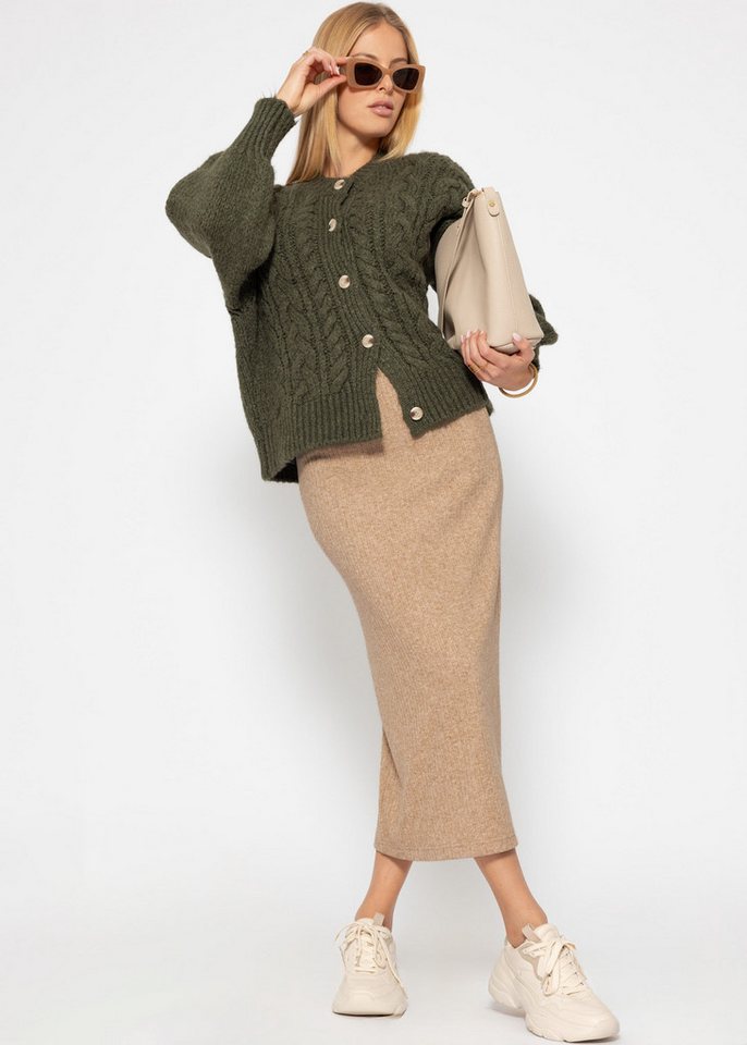SASSYCLASSY Strickrock Gerippter Midirock Damen mit elastischem Bund Figurbetonter Strickrock mit High Waist Sitz Grau Beige Schwarz Khaki – Bild 4 von 5