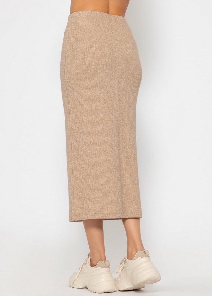 SASSYCLASSY Strickrock Gerippter Midirock Damen mit elastischem Bund Figurbetonter Strickrock mit High Waist Sitz Grau Beige Schwarz Khaki – Bild 5 von 5