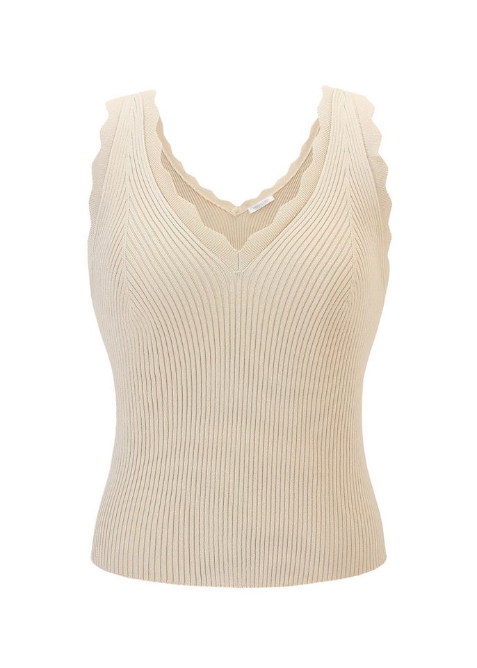 SASSYCLASSY Stricktop Figurbetontes Strick-Top Damen mit V-Ausschnitt Top in Rippstruktur mit Bogendetails Schwarz Beige Weiß Blau – Bild 2 von 5