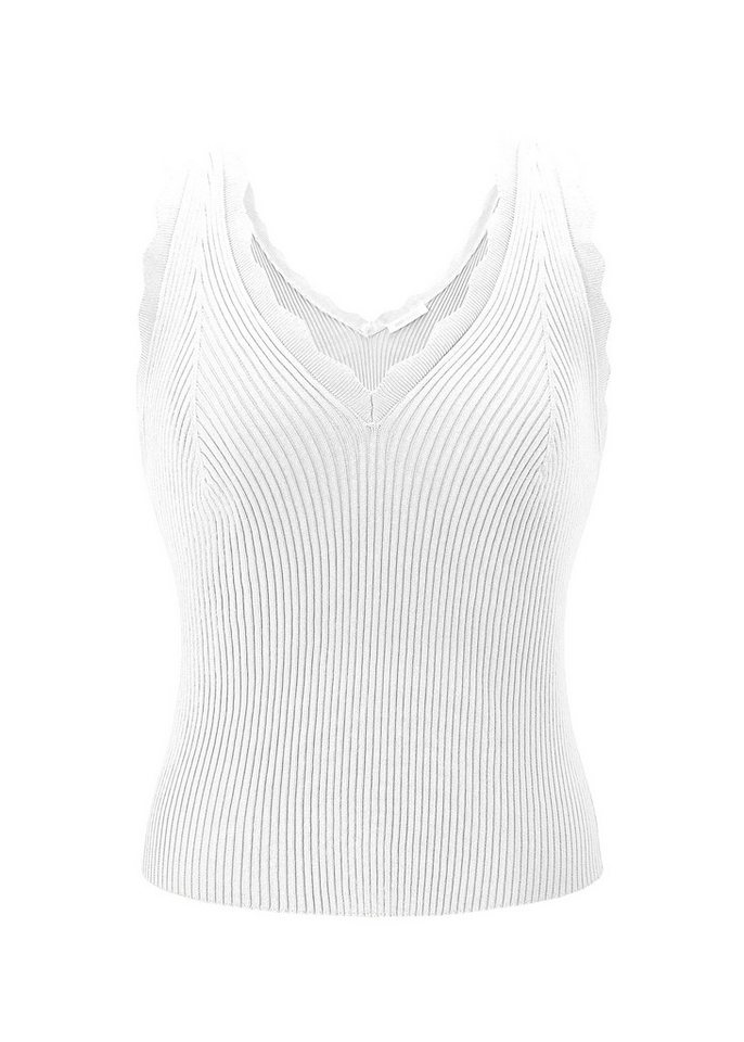 SASSYCLASSY Stricktop Figurbetontes Strick-Top Damen mit V-Ausschnitt Top in Rippstruktur mit Bogendetails Schwarz Beige Weiß Blau – Bild 2 von 5