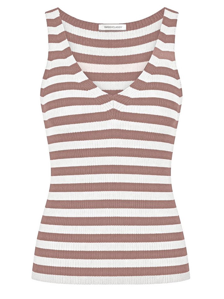 SASSYCLASSY Stricktop Gestreiftes Strick Top mit V-Ausschnitt Damen Ärmelloses Top mit breiten Trägern in figurbetontem Schnitt – Bild 2 von 5