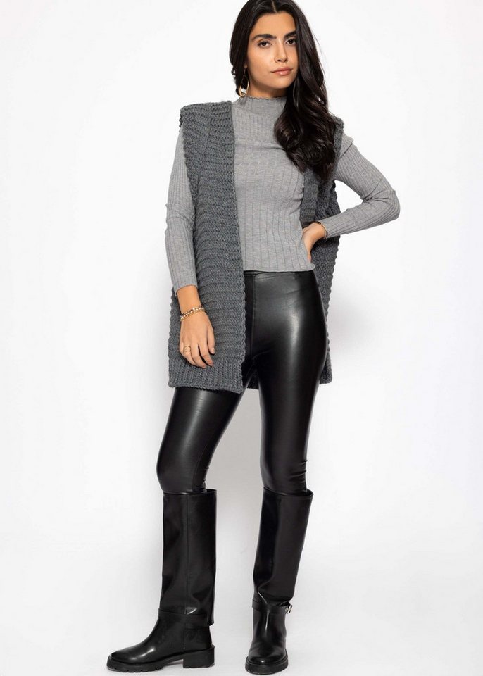 SASSYCLASSY Strickweste Lange ärmellose Strickweste für Damen Weste aus grobem Strick mit strukturierten Schultern Offwhite Schwarz – Bild 3 von 5