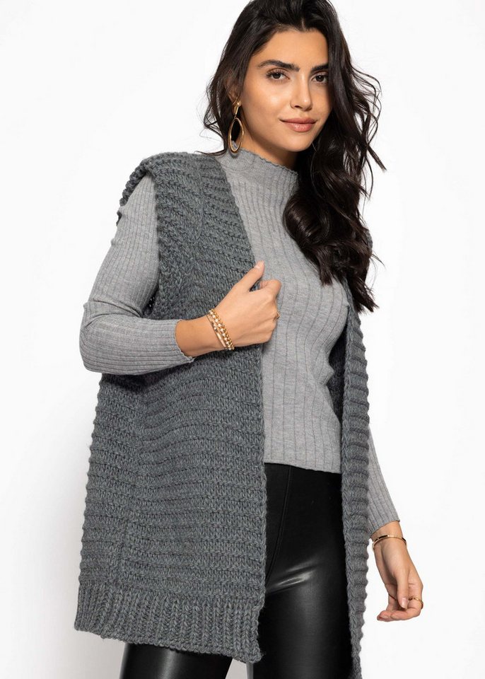 SASSYCLASSY Strickweste Lange ärmellose Strickweste für Damen Weste aus grobem Strick mit strukturierten Schultern Offwhite Schwarz – Bild 5 von 5