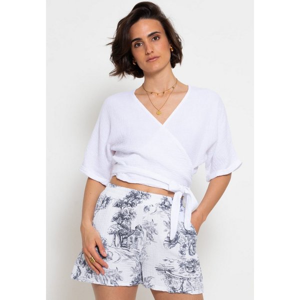 SASSYCLASSY Wickelbluse Musselin Bluse mit Bindeband und lockerer Passform Kurzarm Wickelbluse aus Baumwolle