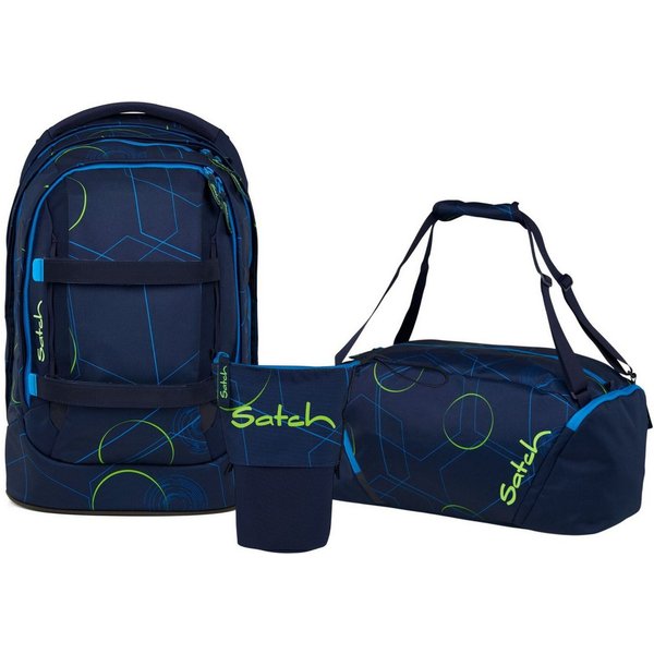 Satch Schulranzen Schulrucksack-Set PACK Blue Tech 3-teilig (3-teilig), ergonomisch, Your-Size-System: auf Körpergröße anpassbar