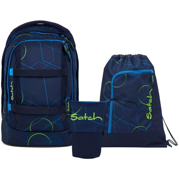 Satch Schulranzen Schulrucksack-Set PACK Blue Tech 3-teilig (3-teilig), ergonomisch, Your-Size-System: auf Körpergröße anpassbar
