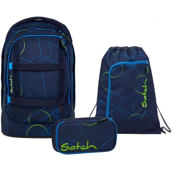 Satch Schulranzen Schulrucksack-Set PACK Blue Tech 3-teilig (3-teilig), ergonomisch, Your-Size-System: auf Körpergröße anpassbar