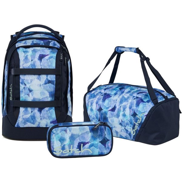Satch Schulranzen Schulrucksack-Set PACK Blurry Sky 3-teilig (3-teilig), ergonomisch, Your-Size-System: auf Körpergröße anpassbar