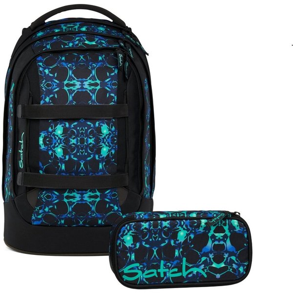 Satch Schulranzen Schulrucksack-Set PACK Caleido Blue 2-teilig (2-teilig), ergonomisch, Your-Size-System: auf Körpergröße anpassbar