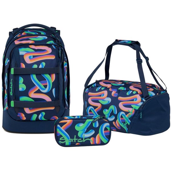 Satch Schulranzen Schulrucksack-Set PACK Crazy Twist 3-teilig (3-teilig), ergonomisch, Your-Size-System: auf Körpergröße anpassbar