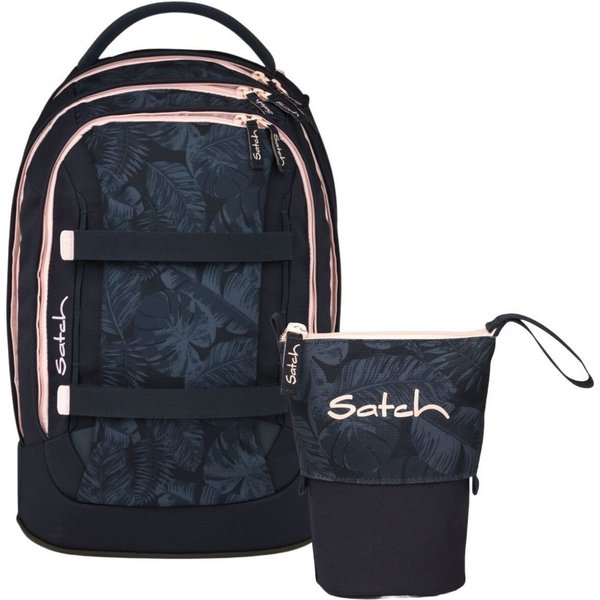 Satch Schulranzen Schulrucksack-Set PACK Midnight Jungle 2-teilig (2-teilig), ergonomisch, Your-Size-System, 5 Fächer