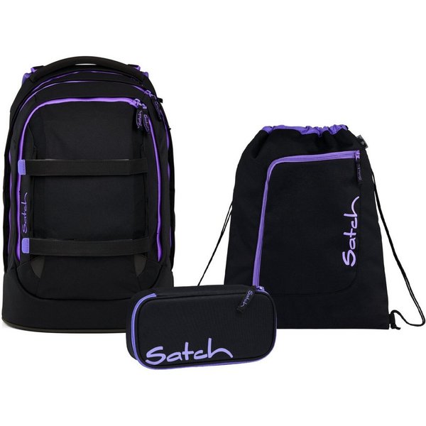 Satch Schulranzen Schulrucksack-Set PACK Purple Phantom 3-teilig (3-teilig), ergonomisch, Your-Size-System: auf Körpergröße anpassbar