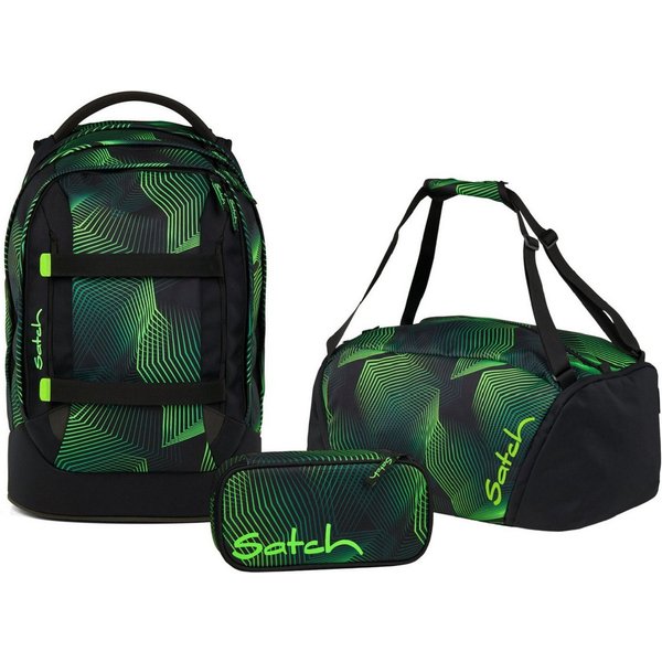 Satch Schulranzen Schulrucksack-Set PACK Seismic Green 3-teilig (3-teilig), ergonomisch, Your-Size-System: auf Körpergröße anpassbar