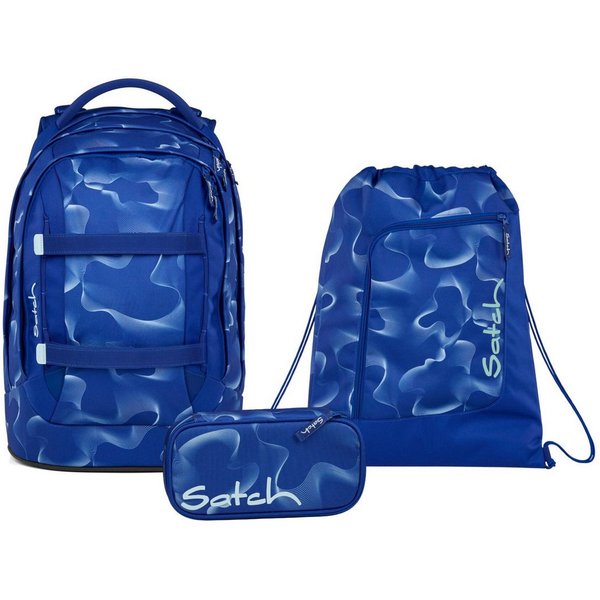 Satch Schulranzen Schulrucksack-Set PACK Vibrant Blue 3-teilig (3-teilig), ergonomisch, Your-Size-System: auf Körpergröße anpassbar