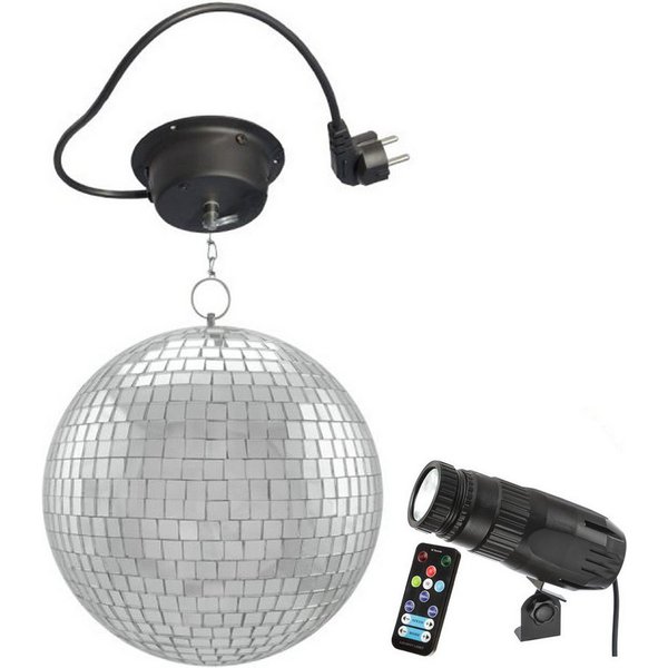 SATISFIRE Discolicht Spiegelkugel Komplettset 20cm mit MotorLED Farbwechsel Pinspot (RGB)
