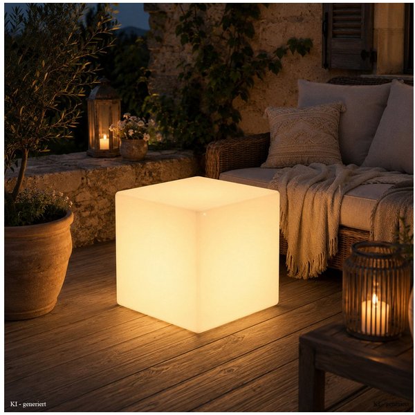 SATISFIRE LED Würfel LED Leuchtwürfel Cube 50x50cm E27 warmweiß outdoor Beistelltisch, LED Classic, warmweiß (2100K bis 3000K)