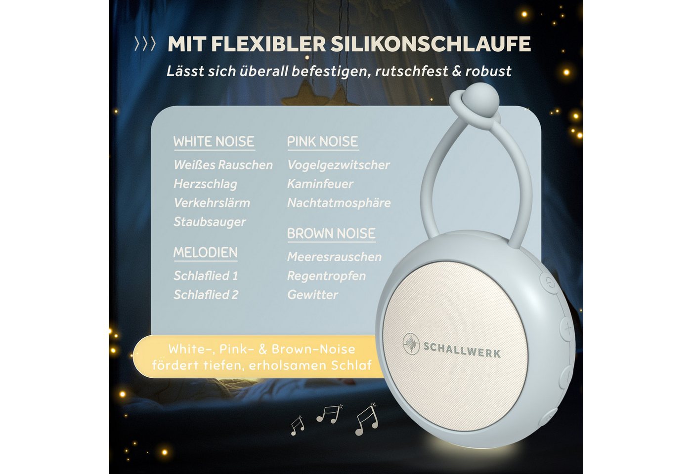 Schallwerk Einschlafhilfe White Noise Machine Babys und Erwachsene Einschlaf- und Durchschlafhilfe (tragbar, Nachtlicht, lange Akku Laufzeit, Timer, Schlaufe) – Bild 4 von 5