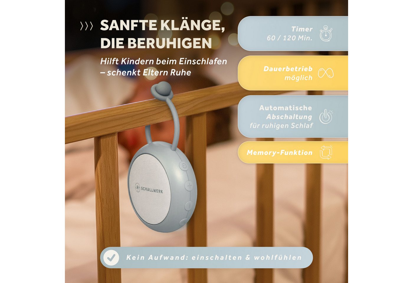 Schallwerk Einschlafhilfe White Noise Machine Babys und Erwachsene Einschlaf- und Durchschlafhilfe (tragbar, Nachtlicht, lange Akku Laufzeit, Timer, Schlaufe) – Bild 5 von 5