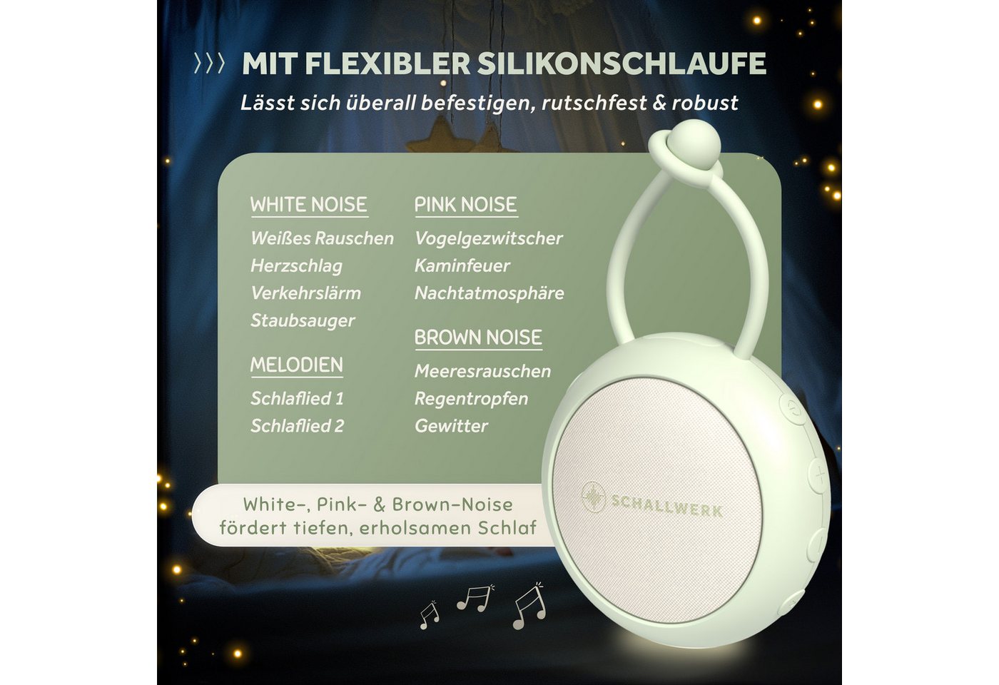 Schallwerk Einschlafhilfe White Noise Machine Babys und Erwachsene Einschlaf- und Durchschlafhilfe (tragbar, Nachtlicht, lange Akku Laufzeit, Timer, Schlaufe) – Bild 4 von 5
