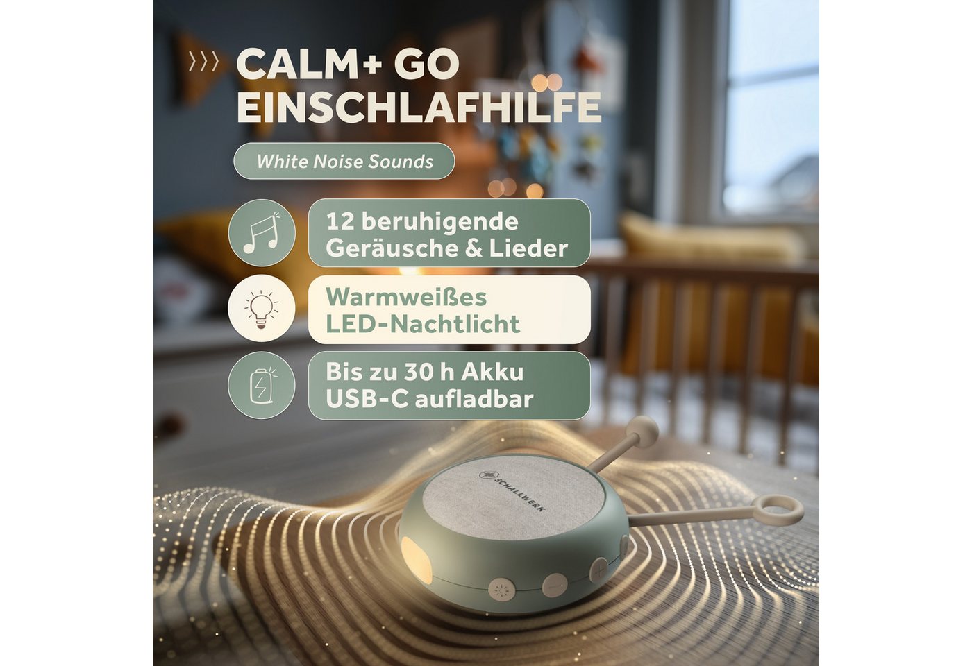 Schallwerk Einschlafhilfe White Noise Machine Babys und Erwachsene Einschlaf- und Durchschlafhilfe (tragbar, Nachtlicht, lange Akku Laufzeit, Timer, Schlaufe) – Bild 2 von 5