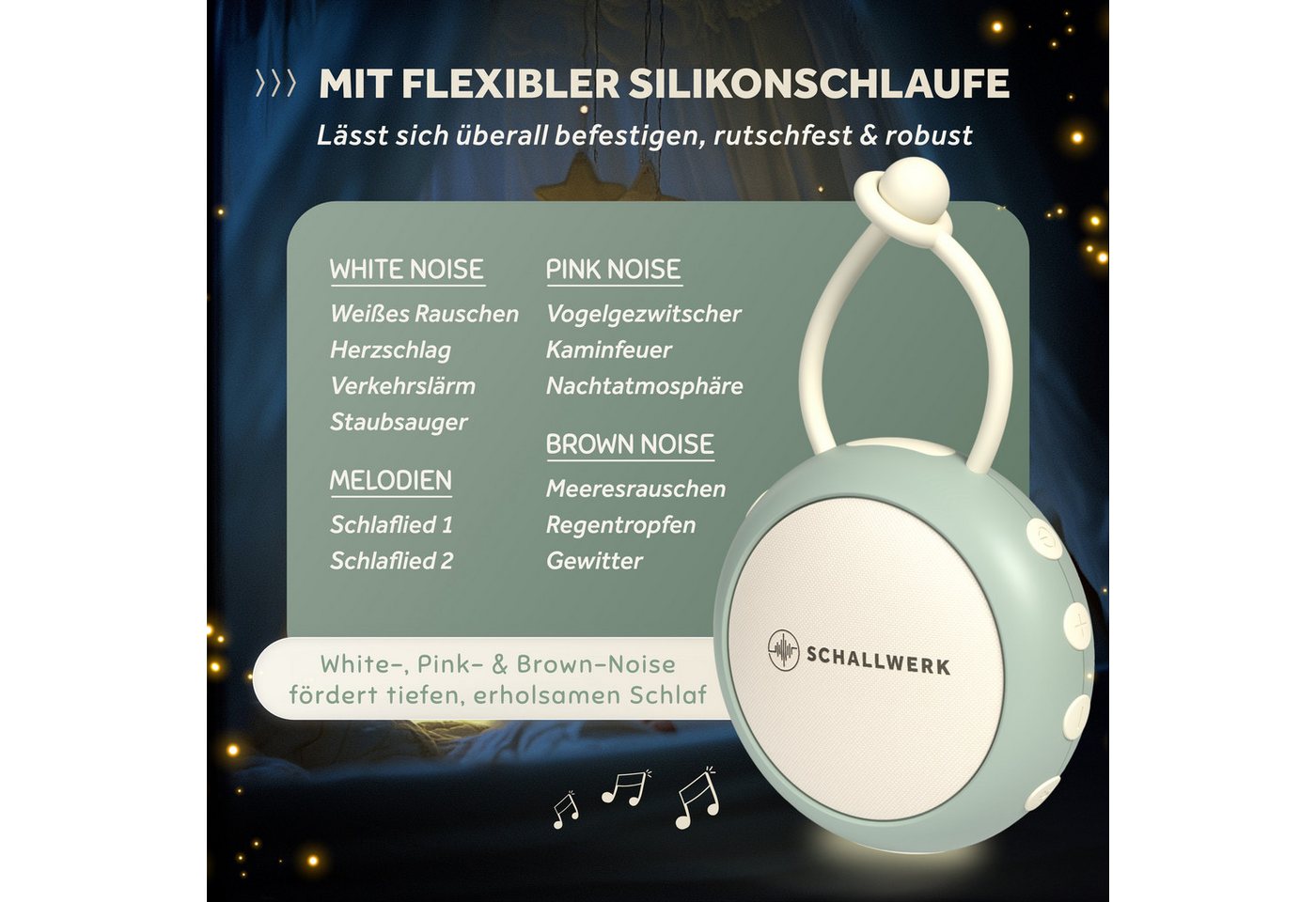 Schallwerk Einschlafhilfe White Noise Machine Babys und Erwachsene Einschlaf- und Durchschlafhilfe (tragbar, Nachtlicht, lange Akku Laufzeit, Timer, Schlaufe) – Bild 4 von 5