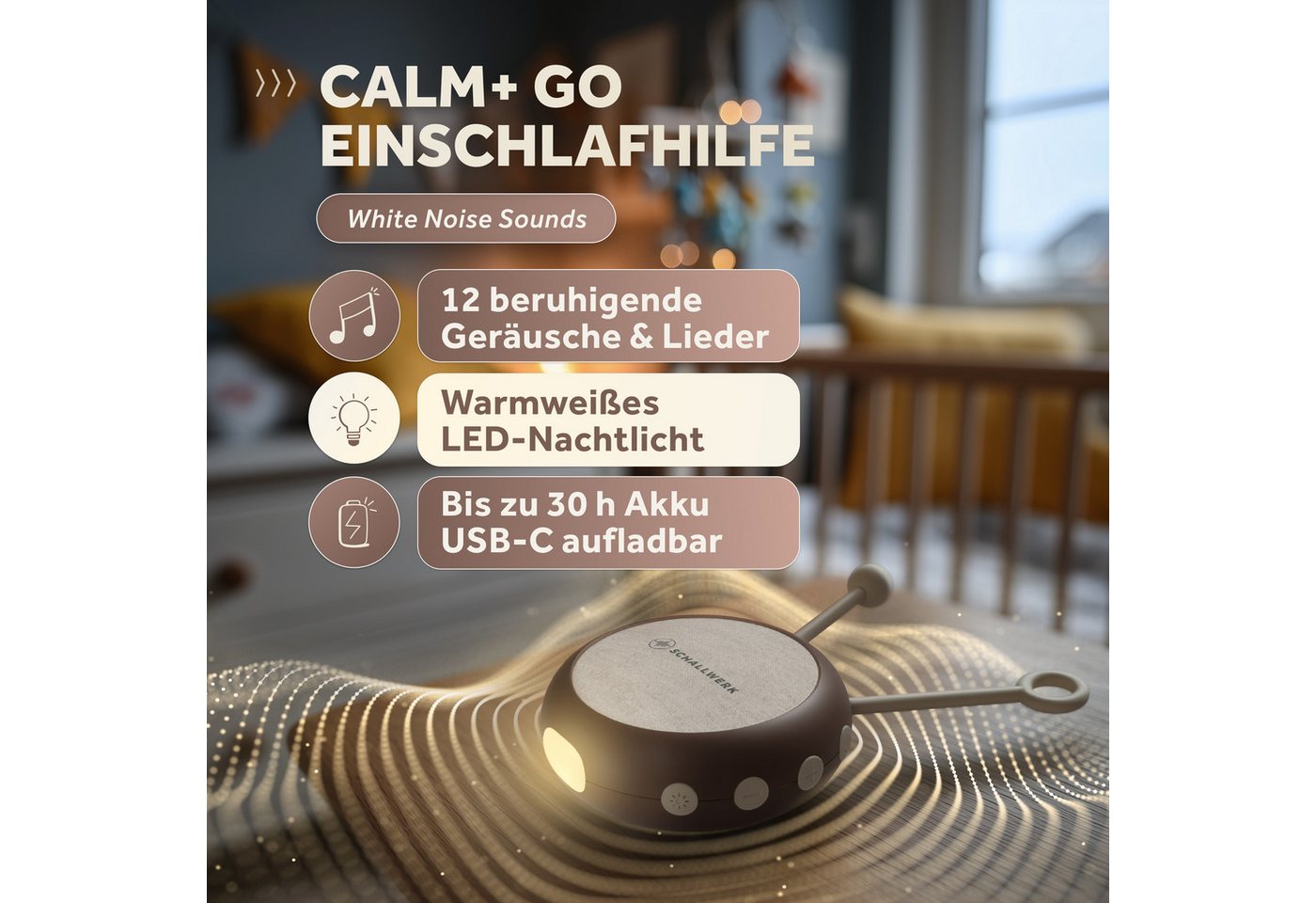 Schallwerk Einschlafhilfe White Noise Machine Babys und Erwachsene Einschlaf- und Durchschlafhilfe (tragbar, Nachtlicht, lange Akku Laufzeit, Timer, Schlaufe) – Bild 2 von 5