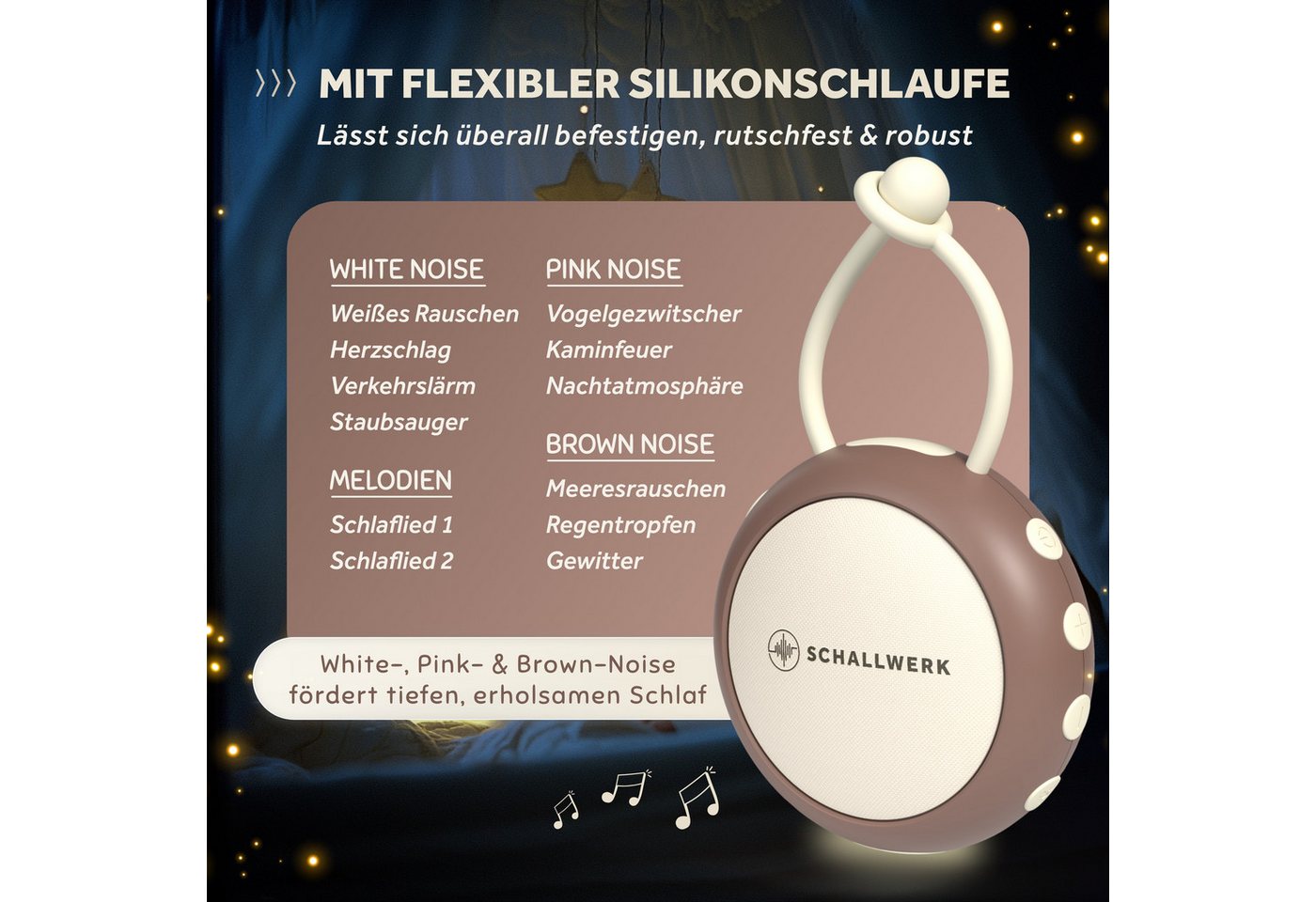 Schallwerk Einschlafhilfe White Noise Machine Babys und Erwachsene Einschlaf- und Durchschlafhilfe (tragbar, Nachtlicht, lange Akku Laufzeit, Timer, Schlaufe) – Bild 4 von 5