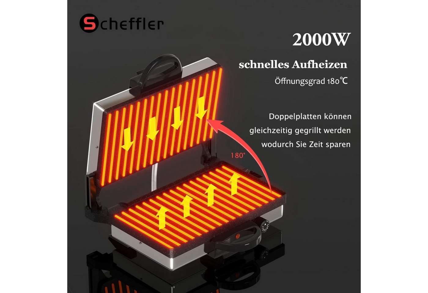 Scheffler Elektrogrill Kontaktgrill 3 in 1 Multigrill, Grill, Elektrischer Optigrill, 2000,00 W, Antihaftbeschichtet, Edelstahl Tischgrill mit Grill – Bild 2 von 5