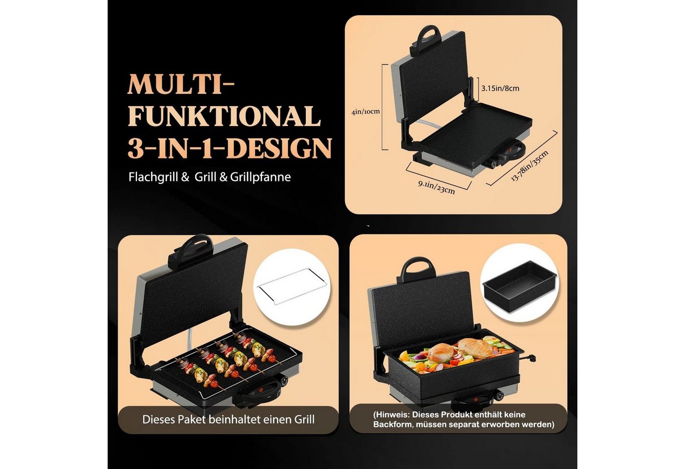 Scheffler Elektrogrill Kontaktgrill 3 in 1 Multigrill, Grill, Elektrischer Optigrill, 2000,00 W, Antihaftbeschichtet, Edelstahl Tischgrill mit Grill – Bild 3 von 5