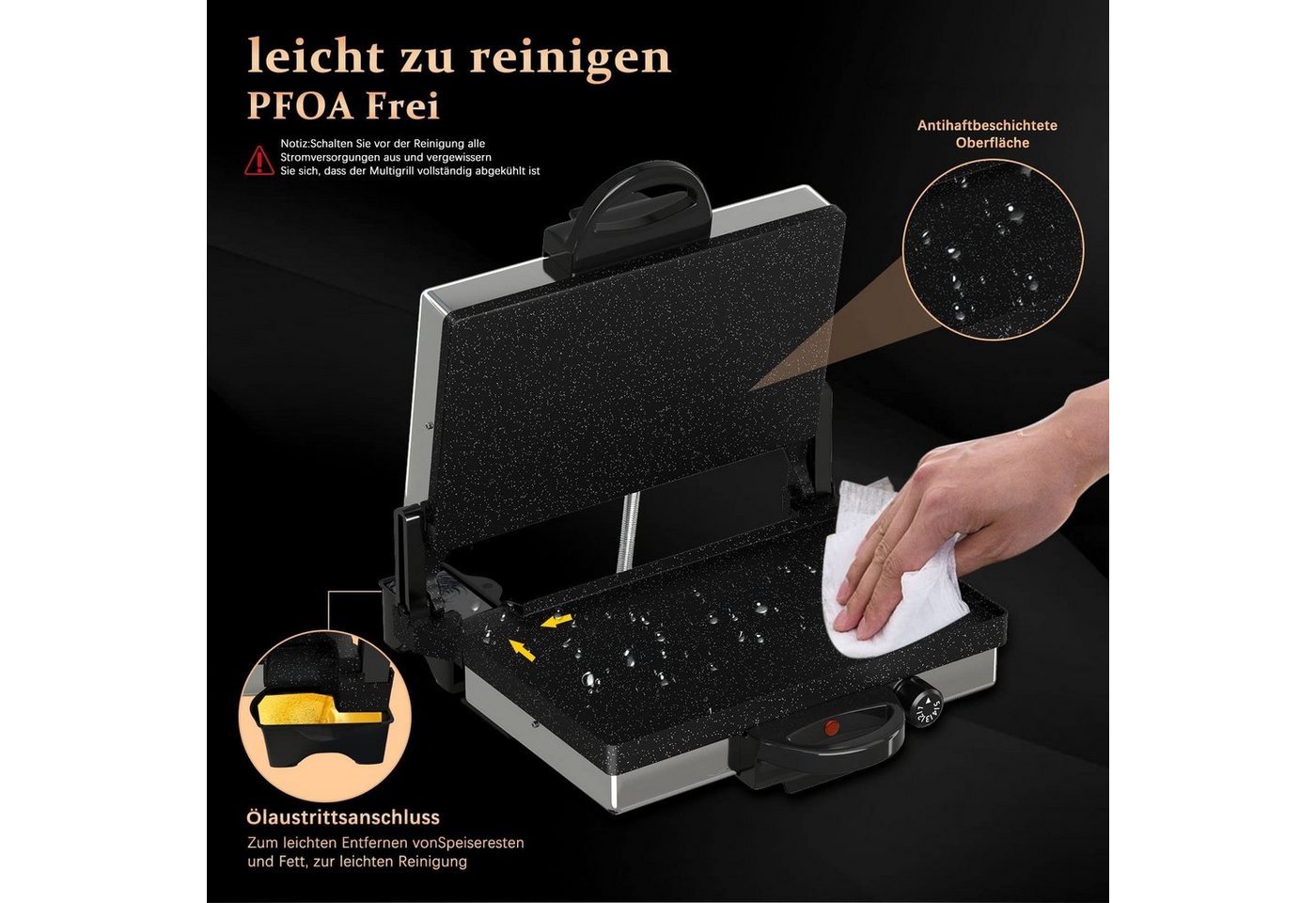Scheffler Elektrogrill Kontaktgrill 3 in 1 Multigrill, Grill, Elektrischer Optigrill, 2000,00 W, Antihaftbeschichtet, Edelstahl Tischgrill mit Grill – Bild 5 von 5