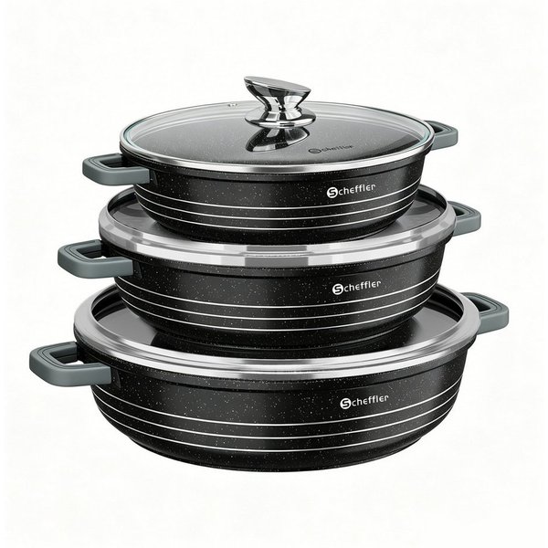 Scheffler Topf-Set 6-tlg Kochtopf Set Induktions Servierpfanne Antihaftbeschichtung, Aluminium (Topf), mit Glasdeckel
