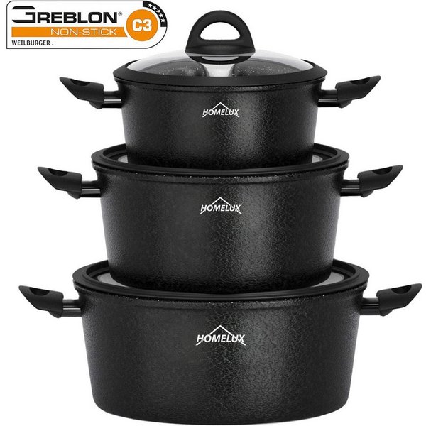 Scheffler Topf-Set Induktions Töpfe Set Schwarze Antihaftbeschichtung mit Glasdeckel, Aluminium (Set, 6-tlg., Ø20 2,4L/Ø24 4,4L/Ø28 6,5L Töpfe Set mit Glasdecke