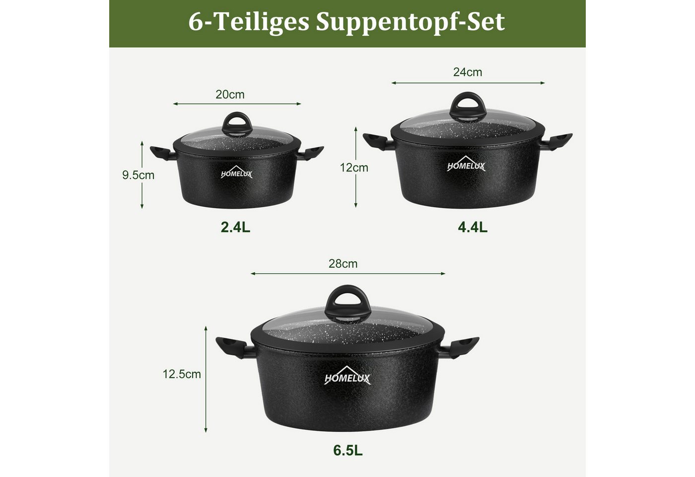 Scheffler Topf-Set Induktions Töpfe Set Schwarze Antihaftbeschichtung mit Glasdeckel, Aluminium (Set, 6-tlg., Ø20 2,4L/Ø24 4,4L/Ø28 6,5L Töpfe Set mit Glasdecke – Bild 2 von 5
