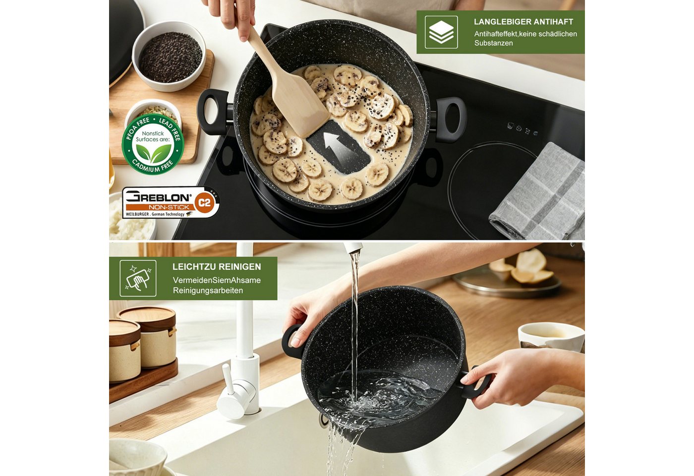 Scheffler Topf-Set Induktions Töpfe Set Schwarze Antihaftbeschichtung mit Glasdeckel, Aluminium (Set, 6-tlg., Ø20 2,4L/Ø24 4,4L/Ø28 6,5L Töpfe Set mit Glasdecke – Bild 3 von 5
