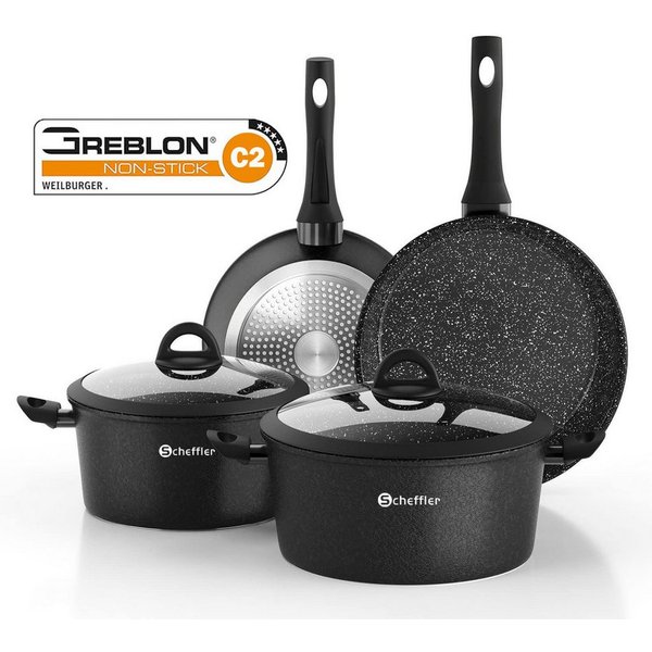 Scheffler Topf-Set Induktions Töpfe Set Schwarze Antihaftbeschichtung mit Glasdeckel, Aluminium (Set, 4-tlg., Ø24 4,4L/Ø28 6,5L Töpfe,24 5,8cm/28 6,8cm Pfanne),